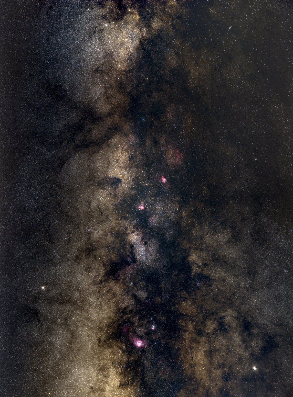 Bande verticale d’étoiles denses et de nuages dorés de la Voie lactée, coupée par des filaments noirs.