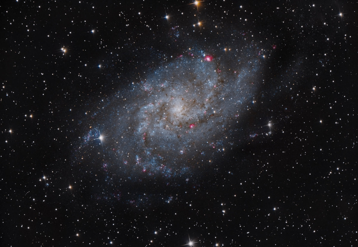 Galaxie du Triangle aux bras spiraux bleutés et aux petites régions rosées, entourée d’étoiles.