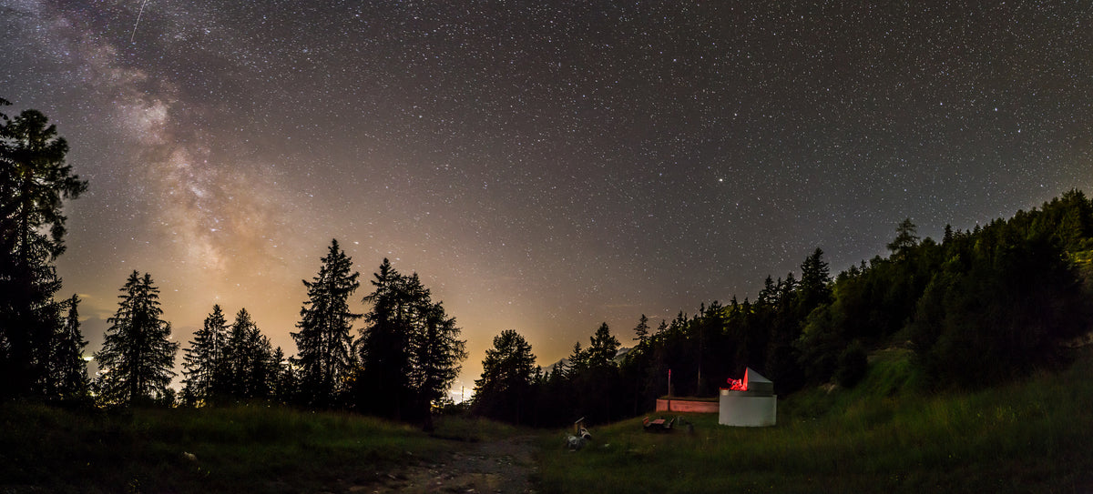 Observatoire et silhouettes d’arbres sous un ciel étoilé traversé par la Voie lactée à Arbaz–Anzère.