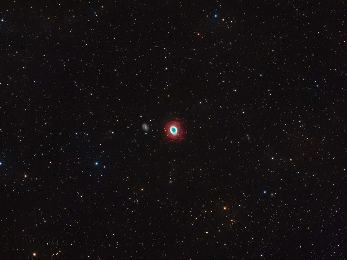 Petit anneau coloré de Messier 57 au milieu d’un champ d’étoiles sur fond sombre.
